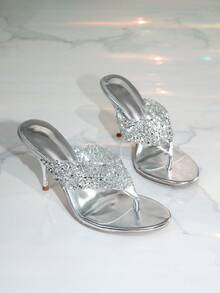 Spring/Summer New Elegant Fashion Open Toe & Heel Shiny Metallic Silver Peep Toe Jelly Crystal Embellished Slip-On High Heel Sandals, Women Dress Shoes - Silver - View 2
