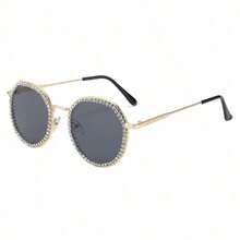 Round Frame Metal  For Men, High-End Driving Retro ,For Women - 金色邊框,飾以灰色亮片和水鑽 - 查看 2
