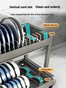1 Piece Double-Layer Metal Dish Drying Rack, Carbon Steel Kitchen Dish Drying Rack, Countertop Dish Organizer With Utility Tray, Rust-Proof Compact Dish Drying Rack, Portable Modern Dish Organizer For Cups, Plates And Bowls - Black - View 7