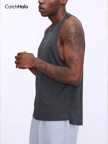 Men's Sleeveless Round Neck Fitness Tank Top, Curved Hem, Side Slit, Loose Fit, Suitable For Cycling, Running, Basketball, Gym Workout - Grey - View 4