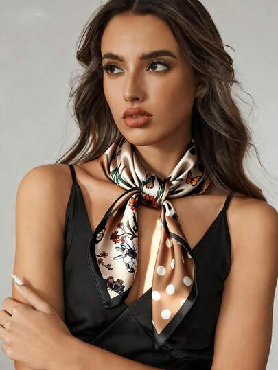 1条双面纯色围巾，马链印花，女士缎面领巾，可搭配连衣裙、短裤、腰带、包包、帽子、丝带腰带