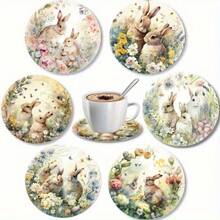 6pcs Spring Floral Rabbit Wooden Coasters - Soft Easter Design With Adorable Rabbits And Eggs, Ideal For Home, Garden, Kitchen, Living Room Decor, Great Gift For Friends And Family, Holiday Home Decor | Cute Rabbit Design | Wooden Coasters, Rabbit Accessories - Multicolor - View 1