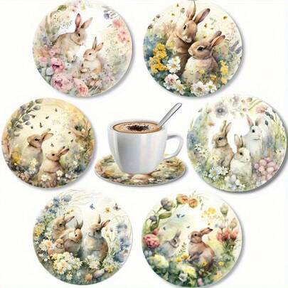 6 st. underlägg i trä med vårblommor och kaniner - mjuk påskdesign med bedårande kaniner och ägg, perfekt för hem, trädgård, kök, vardagsrumsinredning, utmärkt present till vänner och familj, semesterinredning | Söt kanindesign | Träunderlägg, kanintillbehör