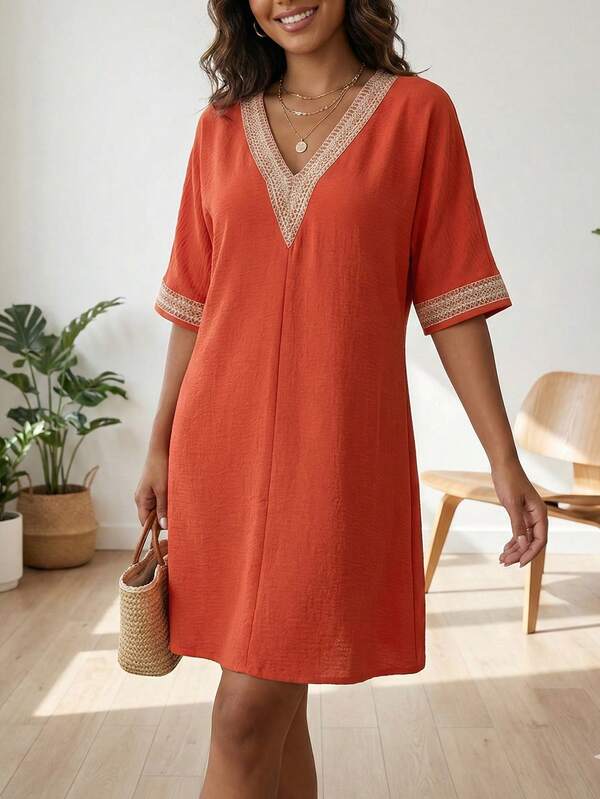 Women's V-Neck Cover-Up Dress With Ruffle Hem, Beach Cover-Up Dress For Summer