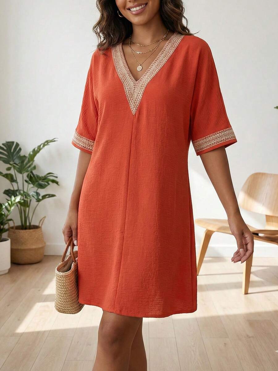 Women's V-Neck Cover-Up Dress With Ruffle Hem, Beach Cover-Up Dress For Summer - Orange - View 1