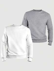 ZUKKER Kit Of 2 Men's Plain Crew Neck Sweatshirts, Flannel Lined Winter Jacket, Unisex Cotton, Immediate Shipping, Various Colors, Ribbed Cuffs - 灰/白 - 查看 1