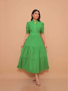 Helena Elegant Luxury Midi Dress With Collar And Button Detail, Short Sleeves - màu xanh lá - Xem 6