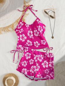 2 pièces/set Maillot de bain tankini à imprimé floral avec Top à bretelles et short modeste, style élégant et sexy pour les vacances à la plage en été - Multicolore - Voir 4
