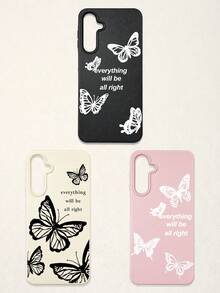 3pcs Butterfly Pattern Phone Cases, Motivational Slogan Positive Energy Phone Cases, Faux Leather Texture Black White Pink Shockproof Protective Covers, Compatible With IPhone & - Multicolor - View 38