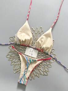 2件套休闲可爱优雅性感波西米亚风花卉系带编织比基尼泳衣，海滩度假，春夏 - 彩色 - 查看 2