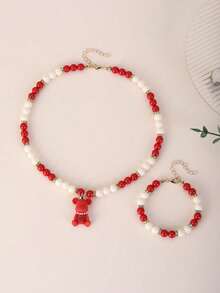 两件套幸运红色小熊软糖首饰套装，新年礼物，适合女孩和青少年，项链和手链，配有闪亮的红色和白色珠子吊坠 - 放 - 查看 2