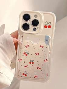 1 pieza Funda de teléfono con tarjetero transparente y diseño de cerezas, diseño clásico, minimalista y de moda, compatible con iPhone 17 Pro Max/16 Pro Max/13/15/16/15 Pro Max/17 Pro/14/11, funda de teléfono con tarjetero transparente y estampado de cerezas de moda - transparente - Ver 5