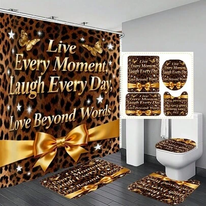 1pc/3pcs/4pcs Leopard Print Bow Tie Text Multifunctional Bathroom Decor Shower Curtain Set, Free 12 Hooks Included, Elegant Holiday Atmosphere, Bathroom Mat, U-Shaped Toilet Mat And Round Toilet Mat, Suitable For All Scenarios Bathroom Set