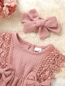 2pcs/Set, Baby Girl, Soft And Comfortable, Casual Elegant Fashionable Cute, Hollow Lace Tassel Trim And Bow Decoration, Pure Cotton Romper And Headband, Baby Girl Clothing, Newborn Baby Girl Clothing, Baby Supplies, Baby Clothing, Suitable For Summer Daily Wear, Party, Party, Home, Photography, Outdoor Activities - Multicolor - View 8