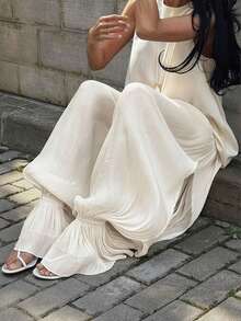 女士时尚优雅休闲裤，法式泡泡裤脚，纯色梭织面料，适合日常穿着和约会，春夏皆宜。 - 杏色 - 查看 7