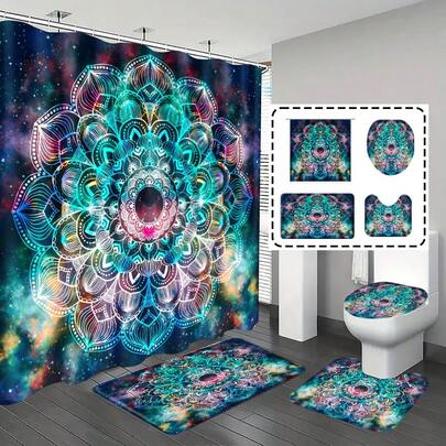 1pc/4pcs Bathroom Curtains Shower Set, Shower Curtain Set, Bathroom Decor, Bathroom Rug, Home Decor, Bath Mat, Dreamlike Starry Sky & Mandala Flower Pattern, Gift, Themed Decoration, Bathroom Set, Comes With 12 Hooks