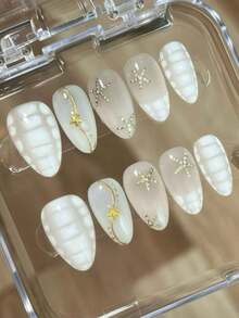 2026 Spring Summer Hot Selling Press On Nails, 10Pcs Long Almond Milky White Ocean Shell Fake Nails With Rhinestone Starfish Gold Line Bead, Minimal Vacation Reusable Handmade Nail Kit, Free Jelly Glue Tabs & Nail File - Follow Your Heart - View 3