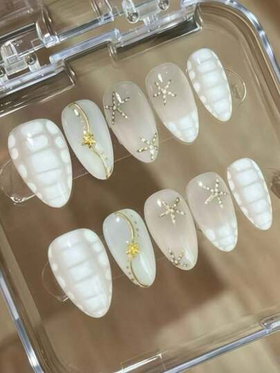 2026 Spring Summer Hot Selling Press On Nails, 10Pcs Long Almond Milky White Ocean Shell Fake Nails With Rhinestone Starfish Gold Line Bead, Minimal Vacation Reusable Handmade Nail Kit, Free Jelly Glue Tabs & Nail File