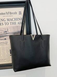 新款大容量女士手提包，时尚百搭手提包，简约通勤腋下包 - 黑色 - 查看 7