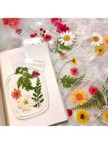 100/1入花瓣透明書籤套組，適合戶外手工DIY書籤、手工書籤、書籍與禮品，收集春夏秋花卉印花，適合與朋友、同學和伴侶一起玩 - 隨機款 - 查看 2
