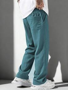Men's Solid Color Corduroy Pants, Drawstring Waist With Pockets, Fashionable Casual Straight Leg Trousers, Comfortable And Versatile - Blue - View 3