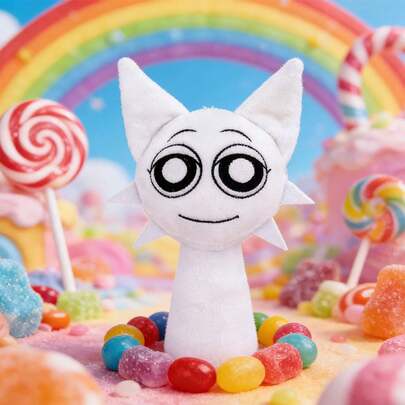 Sprunki Incredibox Plush Toy - White Cat-Eared Character With Spiky Decor & Big Eyes, Soft Stuffed Animal Doll For Kids & Game Fans, Ideal Birthday Gift & Room Decor