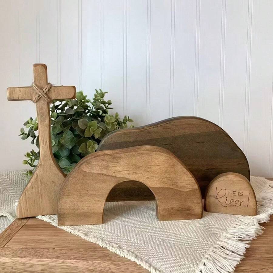 He Is Risen Wooden Tomb Easter Scene And Cross Decoration, Wood Easter Resurrection Scene For Tray, Jesus Nativity Scene Decor For Religious Decorations, Home Office Tabletop, Shelf Decor - 駝色 - 查看 1