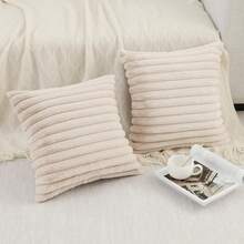 1pc Soft Faux Rabbit Fur Striped Throw Pillow Cover, Modern Decorative Sofa Cushion, Suitable For Living Room And Bedroom - Beige - View 8