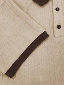 Men's Knitted Textured Contrast Collar Embroidered Polo Shirt, Versatile For Casual Wear And Commuting - Coral Pink - View 3