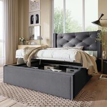Hydraulic Single Bed 90x200cm, Bed With Sheet Metal Frame, Modern Bed Frame With Storage, Cotton, Grey, Light Grey. - Grey - View 3