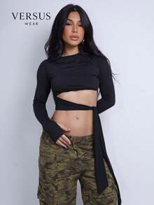 Women's Suplex Cropped Blouses Long Sleeve With Tie At The Waist Disguises Belly Comfortable Autumn Winter Fashion For Foreigners - màu đen - Xem 4
