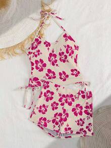Bộ 2 món áo tắm tankini in hoa gồm áo hai dây và quần short kín đáo, phong cách thanh lịch và gợi cảm cho kỳ nghỉ biển. - Nhiều màu - Xem 7