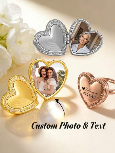1pc Heart-Shaped Photo Pendant Ring, Vintage Photo Pendant Ring, Personalized Gift For Siblings, Best Friends, Christmas Gift