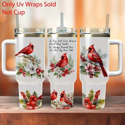 2pcs Red Cardinal Bird UV DTF Wraps Decals Printing Self-Adhesive Transfer Paper DTF Transfer Transfer Paper For 40oz Tumbler, Cups, Bottles, School Supplies, Etc, Arts Crafts, DlY Art Supplies