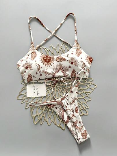 2件套波西米亚豹纹星形印花休闲可爱优雅性感扎染钩编撞色滚边比基尼泳装，沙滩度假，春夏