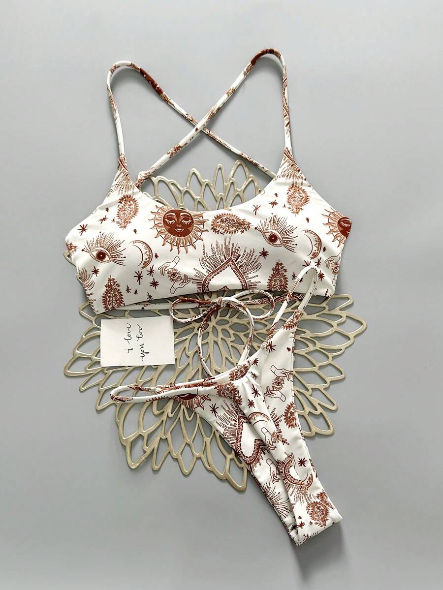 两件套波西米亚豹纹星形印花休闲可爱优雅性感扎染钩编撞色滚边比基尼泳衣，适合海滩度假、春夏假期 - 彩色 - 查看 1