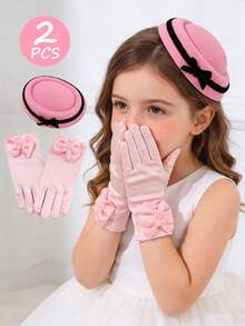 2 Pcs Girls' White Satin Gloves & Pillbox Hat Set With Bowknot, Elegant Tea Party/Wedding/Communion Accessories - Hats and Gloves - View 2