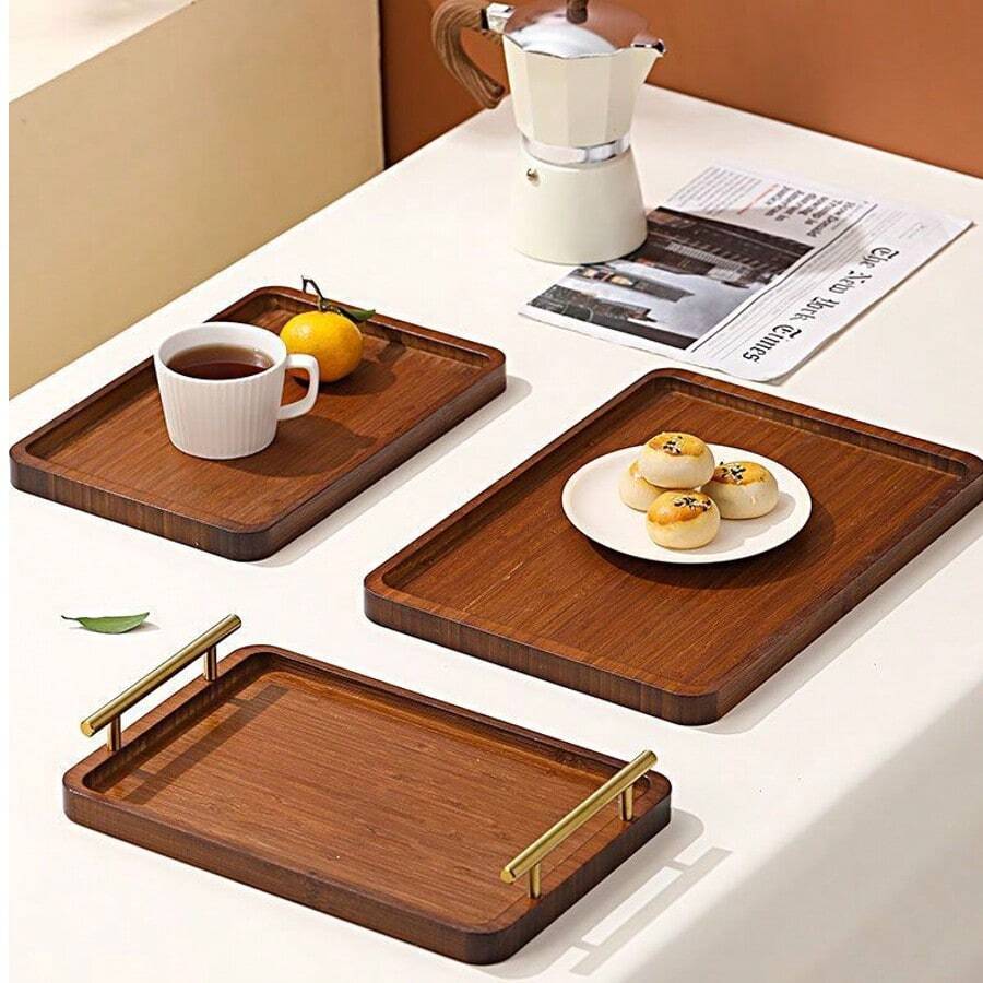 1pc Nanmu Bamboo Tea Tray, New Chinese Style Rectangular Tea Tray With Handle, Household & Hotel Tea Set Tray - Bamboo Color - View 1