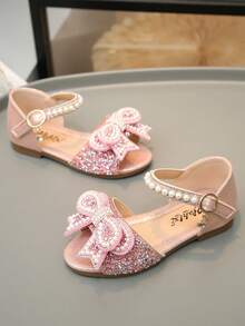 Girls Princess Flat Sandals Bow Color Diamond Pearl Embellished Shoes - Pink - View 4