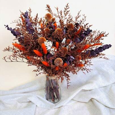 1pc Dried & Preserved Flower Bouquet, Eucalyptus, Bunny Tails & Baby's Breath Mixed Bouquet, Red-Toned Bouquet, Valentine's Day Bouquet, Florist Supplies, Mother's Day Bouquet, Bridal Bouquet, Home Flower Arrangement, Living Room & Cafe Decoration