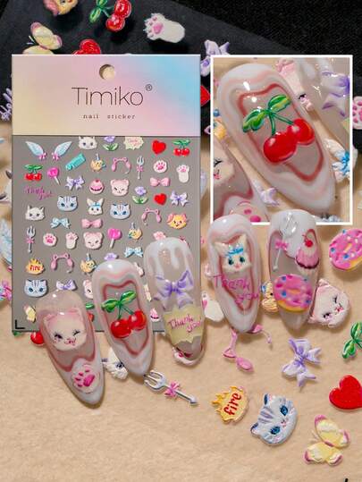 1 Sheet Cute & Sweet Girl-Friendly Nail Art Stickers, Featuring Soft & Adorable Cat Heads, Rabbits, Wings, Bows, Hearts, Cherries, Combs, And Cupcakes, Creating A Warm And Lovely Atmosphere For Sharing Moments With Friends, Suitable For Personal DIY And Nail Decoration