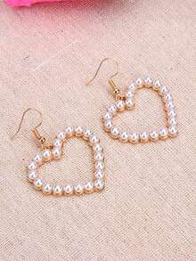 Faux Pearl Heart Drop Earrings - White - View 3