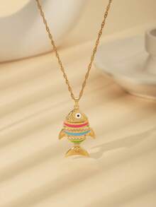 1pc Unique Design High-End Creative Necklace, 18K Gold Plated Stainless Steel Koi Fish Pendant Necklace With 3D Movable Fish, Suitable For Women And Men, Everyday Wear Or Gift - Gold - View 10