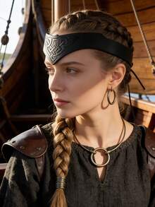 1件维京风格黑/棕色PU皮革头带，饰有精美凯尔特图案——中世纪角色扮演节日配饰 - A - 查看 2