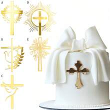 3pcs/1pc Gold Acrylic Baptism Cross Cake Topper, Suitable For Birthday Party, Communion, Wedding, Baby Shower And Other Occasions - Gold - View 2