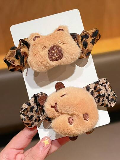 1pc/2pcs Fluffy Capybara Print Hair Scrunchies | Cute Animal Theme Hair Accessories For Women | Valentine''s Day And Easter Outfit Accessories Hair Ties Rubber Bands
