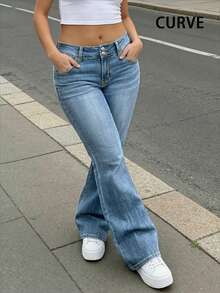 Jeans largos de tiro alto y pierna acampanada de mezclilla lavada vintage, versátiles y casuales, para mujer de talla grande - Azul lavado medio - Ver 6