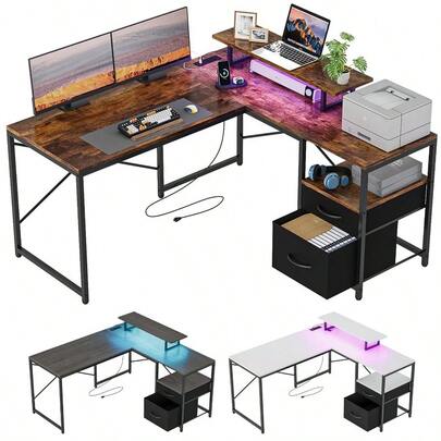 Escritorio Minimalista, Escritorio Gaming, Escritorio en Forma de L con Tira LED y Riel, Escritorio con Cajones, Escritorios con Soporte para Monitor, Adecuado para Oficinas y Dormitorios (Color Retro)