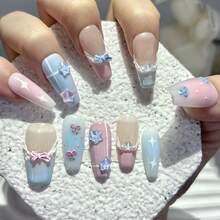 10pcs Blue Star Nail Stickers, Handmade Wearable Nail Art Decals, Suitable For Summer, Macaron French Manicure, Cute Butterfly Blush, Press-On Nail, Medium Nail Supplies (1pc Jelly Sticker + 1pc Nail File) - Baby Blue - View 4