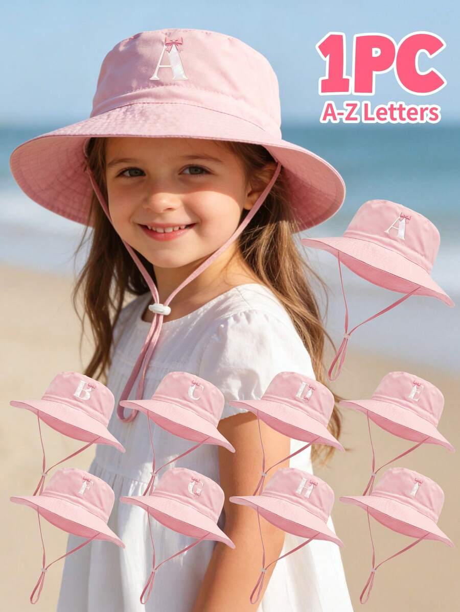 1個 A-Z字母印花 3個月-8歲適用 寬簷幼童漁夫帽 附可調節下巴繩 – 適合海灘、公園及戶外活動 - 淺粉色 - 查看 1
